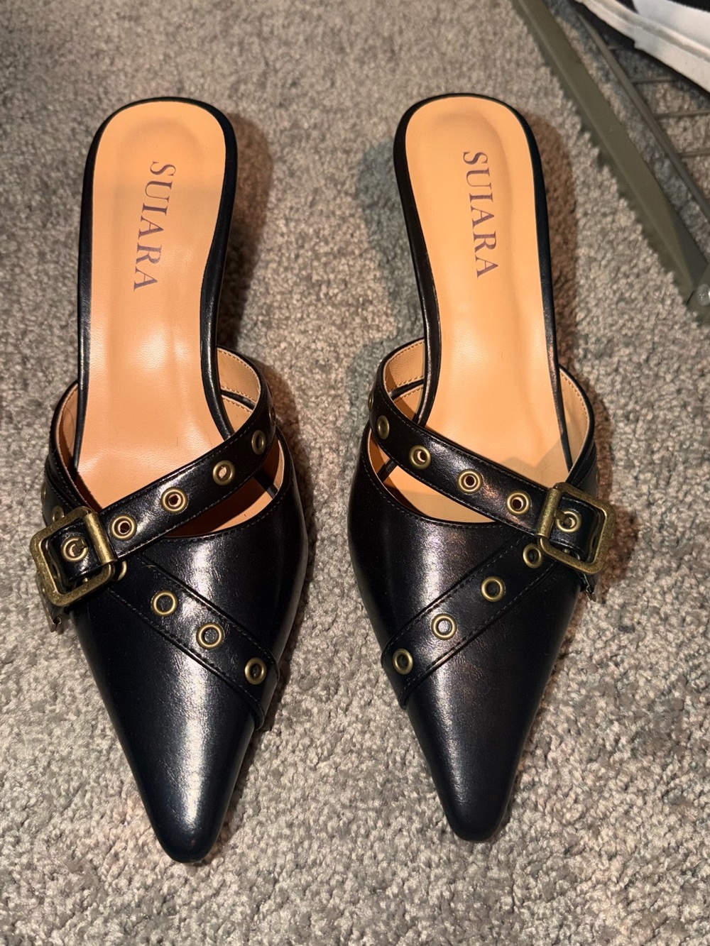 Black Pointed Mule with Buckle Detail